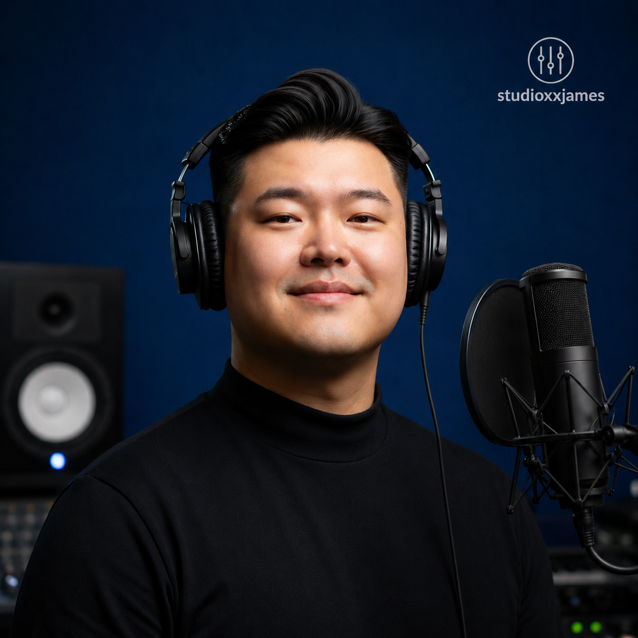 헤드폰을 쓰고 스튜디오 마이크 앞에 선 Studio XX James